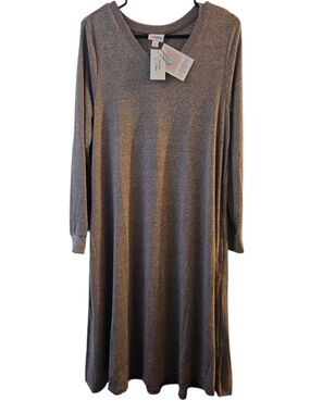 Long Sleeve V-Neck Metallic Knit Dress - Gray